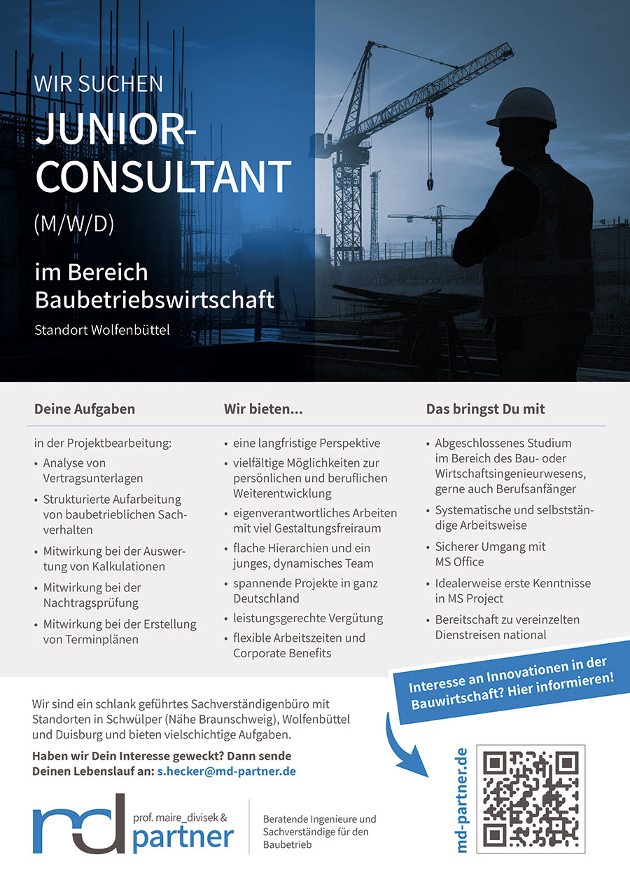 Prof. Maire Divisel und Partner suchen Junior Consultant im Bereich Baubetriebswirtschaft