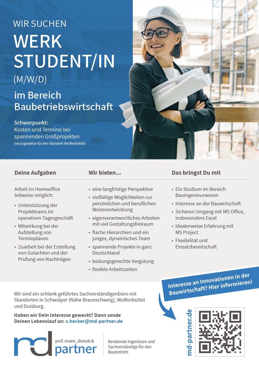 Prof. Maire Divisel und Partner suchen Werkstudent/in im Bereich Baubetriebswirtschaft